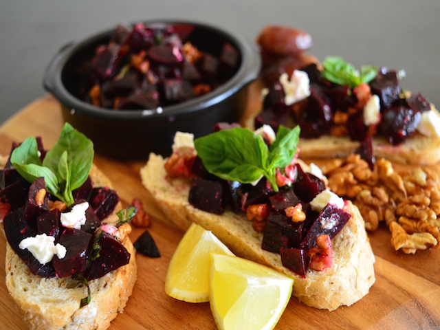 Beet and Goat Cheese Bruschetta with Toasted Walnuts and Balsamic Glaze