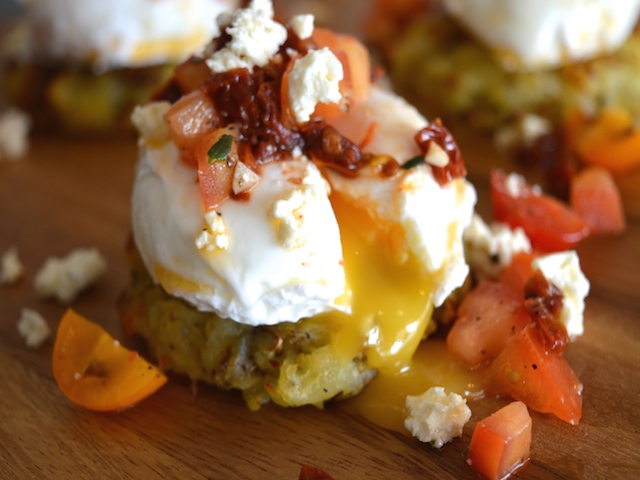 Poached Eggs with a Two Tomato Relish and Crispy Potato Cakes