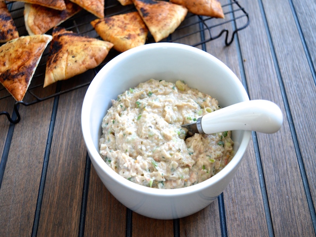 Chunky White Bean and Tuna Dip with Paprika Toasted Pita Chips