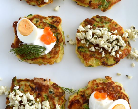 Zucchini And Feta Fritters With Dill And Salmon Roe Topping