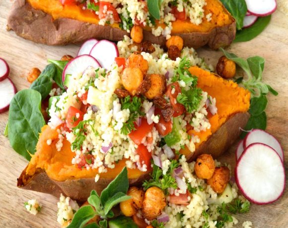 Baked Stuffed Sweet Potatoes with Cous Cous Tabbouleh and Crispy Fried Chickpeas