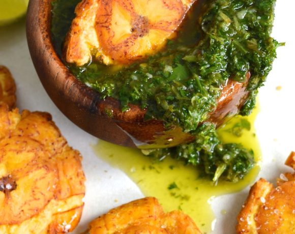Tostones With Mint Chimichurri Sauce