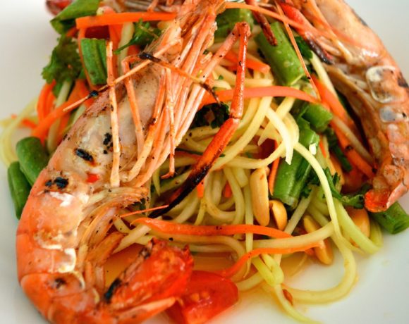Thai Papaya Salad With Grilled Fresh Water Shrimp