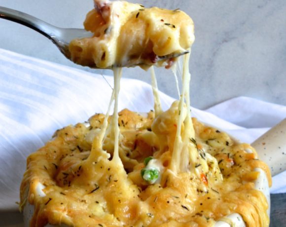 Creamy Gouda And Gruyere Mac And Cheese With Crispy Bacon And Peas