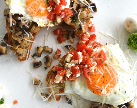 Open Faced Egg And Mushroom Croissant Sandwich With Tomato Feta Salsa